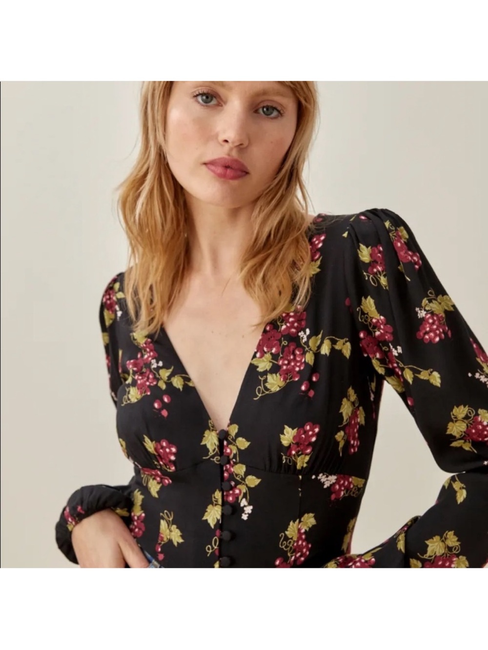 Reformation Nell Top Black V-Neck Button Front Top with Grape print L